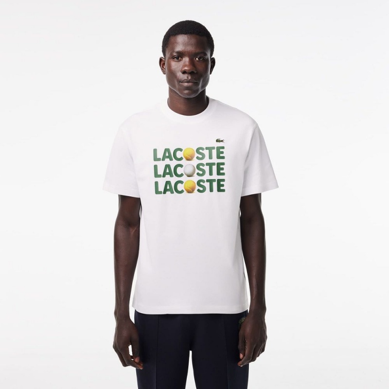 Men\'s Lacoste Heavy Cotton Tennis Ball Print T-Shirt White | YHW806947