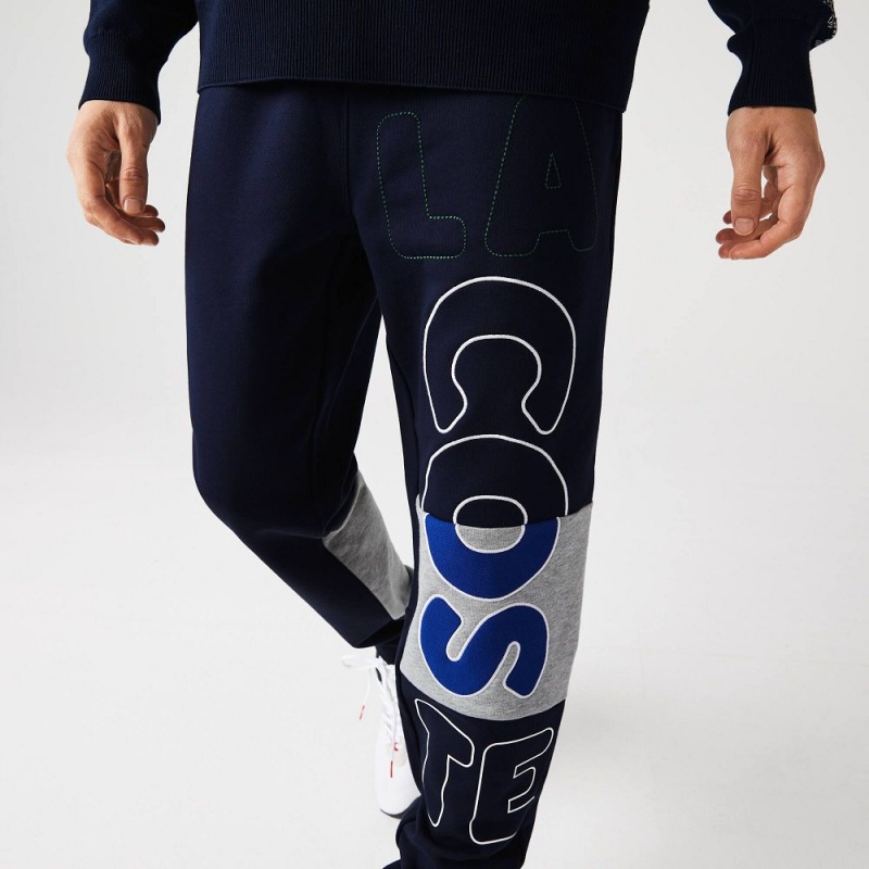 Men's Lacoste Heritage Branded Cotton Fleece Sweatpants Navy Blue | GON503896