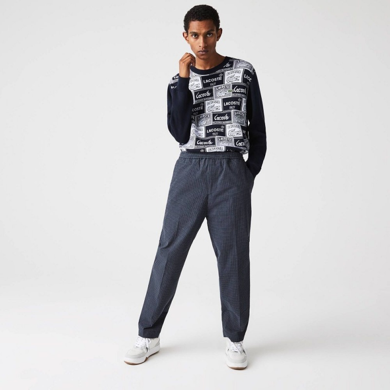 Men's Lacoste Heritage Checkered Stretch Cotton Sweatpants Navy Blue White | MEP173629