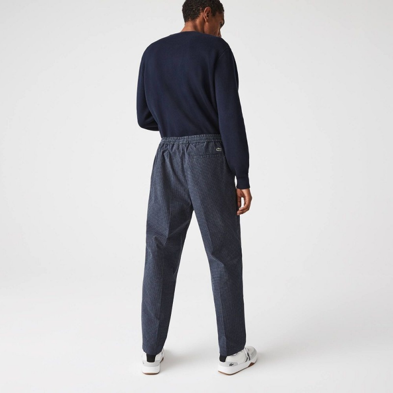 Men's Lacoste Heritage Checkered Stretch Cotton Sweatpants Navy Blue White | MEP173629