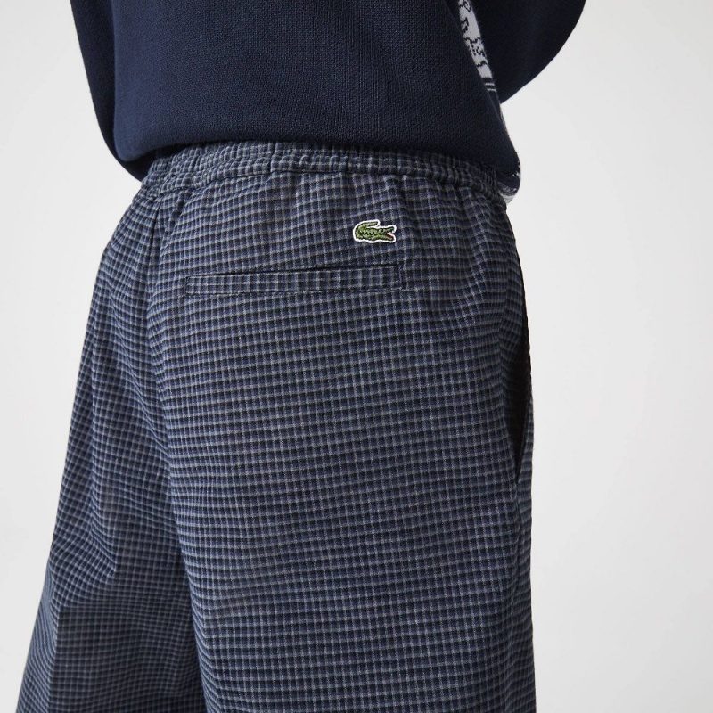 Men's Lacoste Heritage Checkered Stretch Cotton Sweatpants Navy Blue White | MEP173629