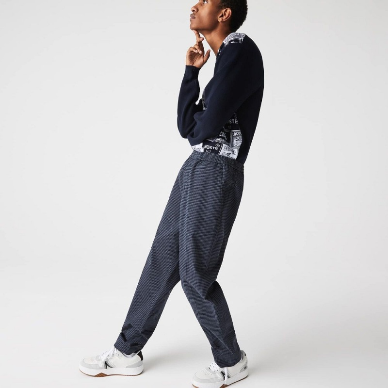 Men's Lacoste Heritage Checkered Stretch Cotton Sweatpants Navy Blue White | MEP173629