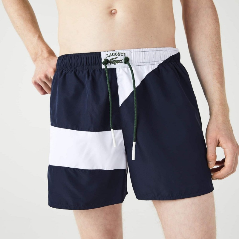 Men's Lacoste Heritage Graphic Patch Light Swim Trunks Navy Blue White | FGT782613