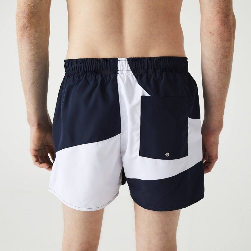 Men's Lacoste Heritage Graphic Patch Light Swim Trunks Navy Blue White | FGT782613