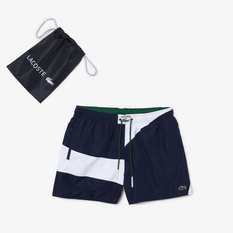 Men's Lacoste Heritage Graphic Patch Light Swim Trunks Navy Blue White | FGT782613