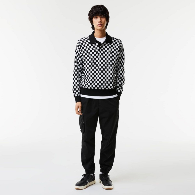 Men's Lacoste Heritage Relaxed Fit Checkerboard Sweater Black White | DJK805671