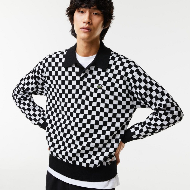 Men's Lacoste Heritage Relaxed Fit Checkerboard Sweater Black White | DJK805671