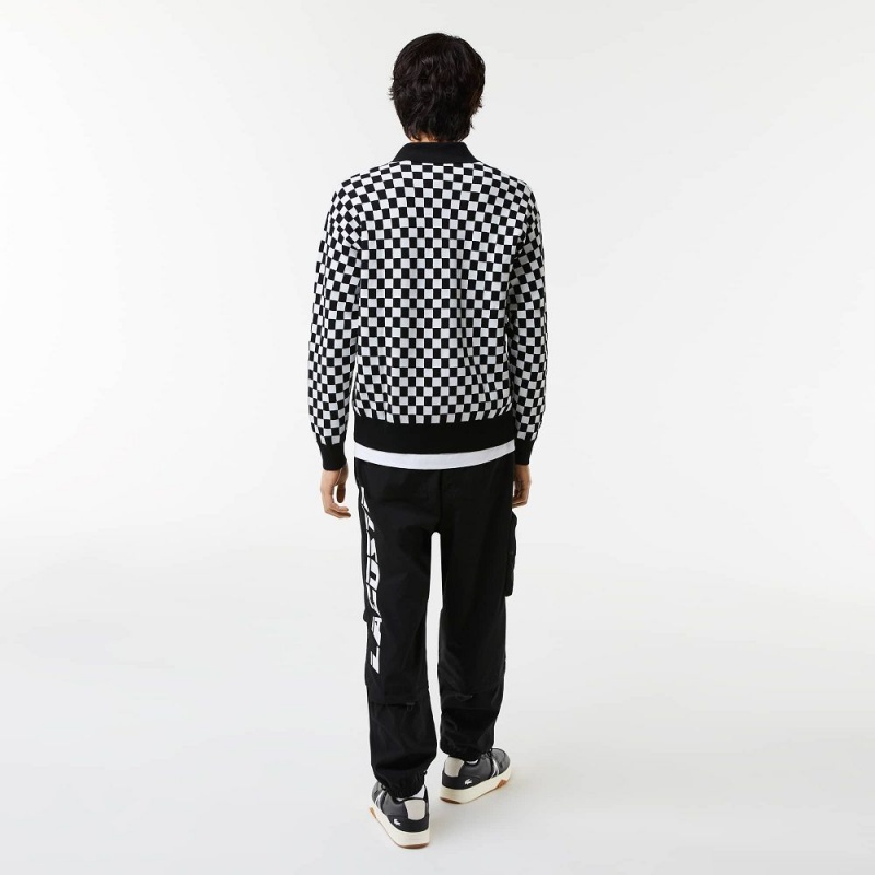 Men's Lacoste Heritage Relaxed Fit Checkerboard Sweater Black White | DJK805671