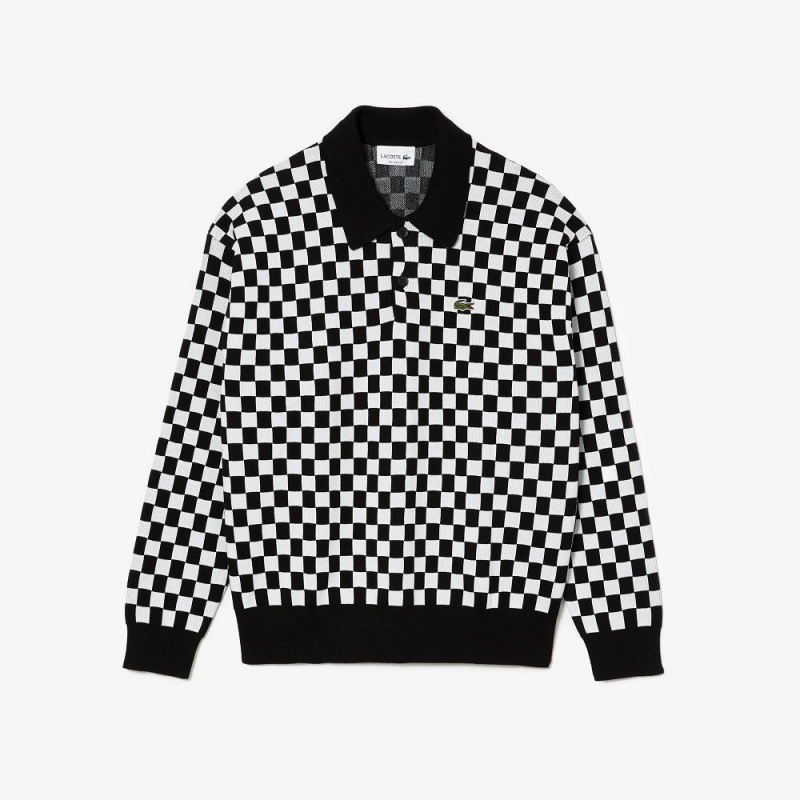 Men's Lacoste Heritage Relaxed Fit Checkerboard Sweater Black White | DJK805671