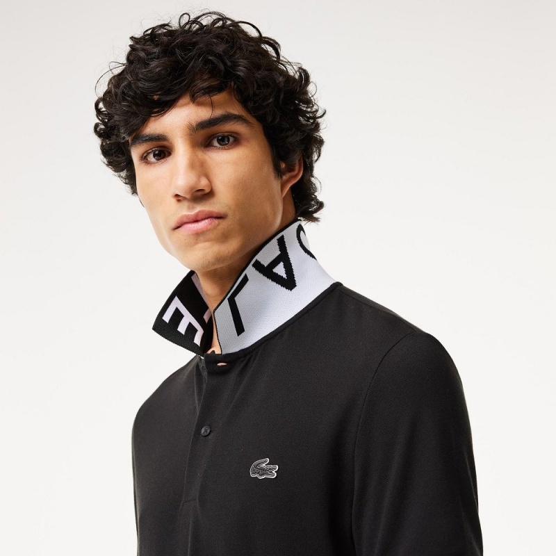 Men's Lacoste Jacquard Collar Lacoste Movement Polo Shirts Black | FJB608217