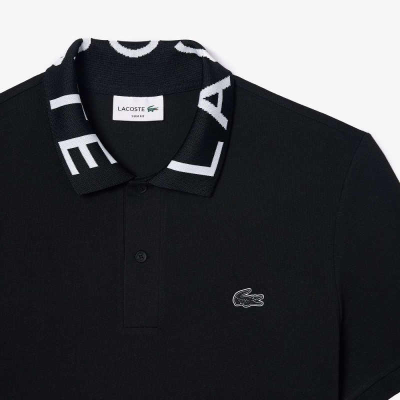 Men's Lacoste Jacquard Collar Lacoste Movement Polo Shirts Black | FJB608217