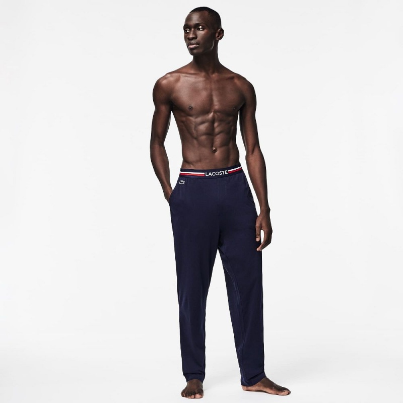 Men's Lacoste Jersey Multicolor Waistband Pants Pajamas Navy Blue | GZJ976850