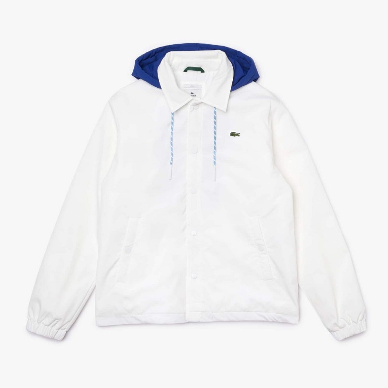 Men's Lacoste LIVE Contrast Hood Buttoned Jackets White Blue | ZBW745219