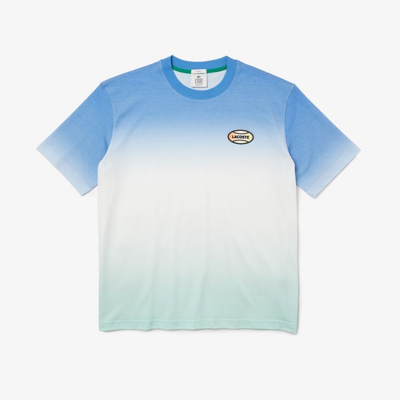 Men's Lacoste LIVE Loose Fit Gradated Print Cotton T-Shirt Blue White Turquoise | SQK142879