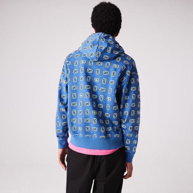 Men's Lacoste LIVE Loose Fit Print Cotton Hoodie Blue White | HAG470581