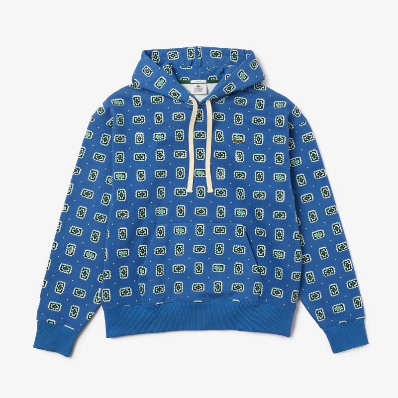 Men's Lacoste LIVE Loose Fit Print Cotton Hoodie Blue White | HAG470581