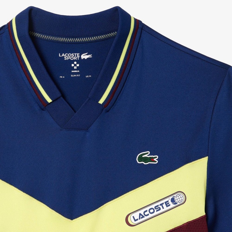 Men's Lacoste Lacoste Tennis x Daniil Medvedev Slim Fit Seamless Polo Shirts Navy Blue Flashy Yellow Bordeaux | KJF619703