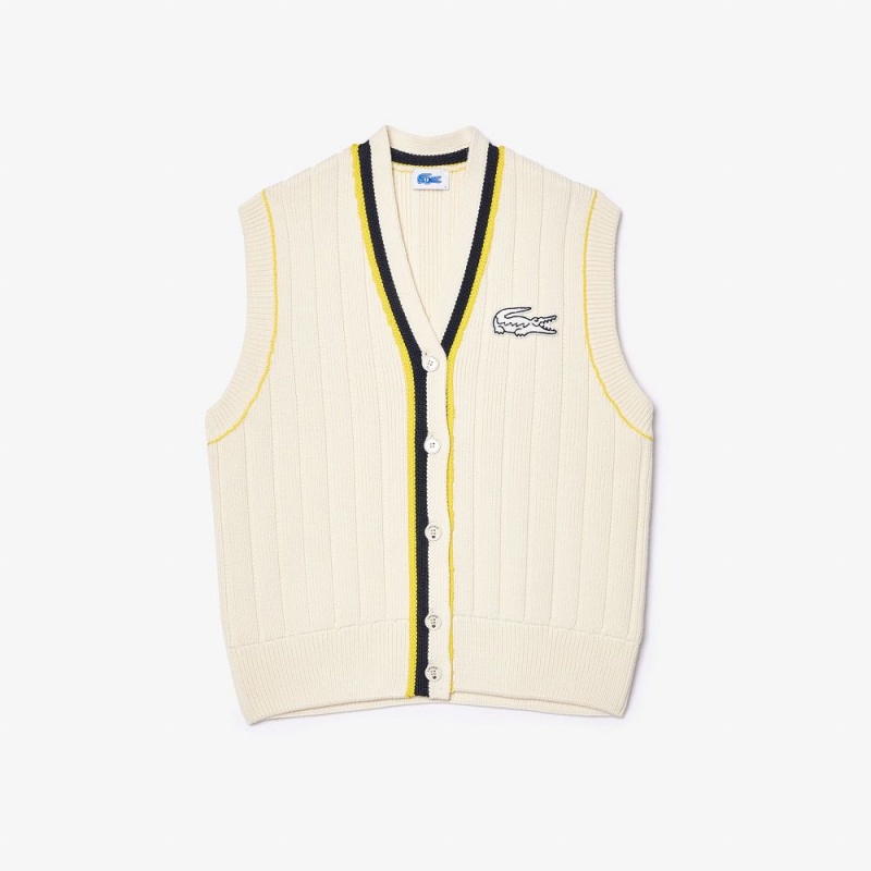 Men's Lacoste Lacoste x EleVen by Venus Oversized Sleeveless Cardigan Sweater White | NMB738459