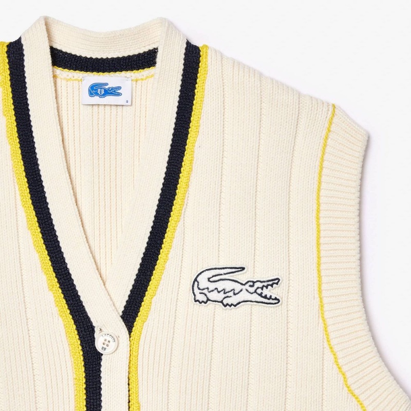 Men's Lacoste Lacoste x EleVen by Venus Oversized Sleeveless Cardigan Sweater White | NMB738459