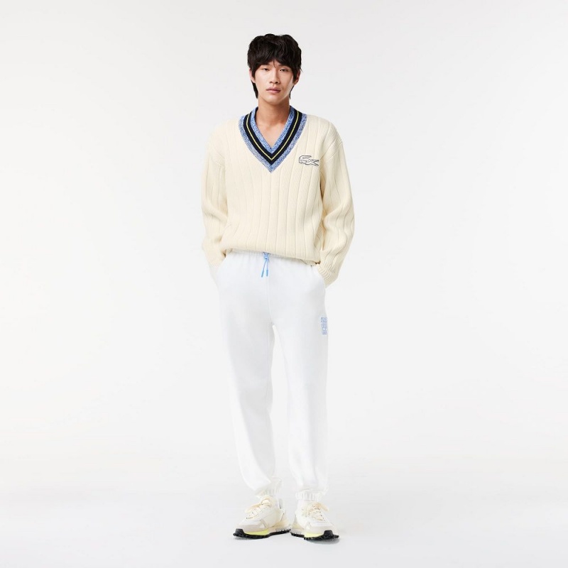 Men's Lacoste Lacoste x EleVen by Venus Oversized Striped V-Neck Sweater White | XSJ124875