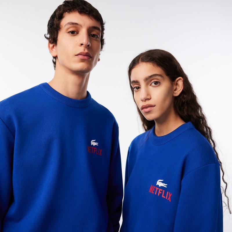 Men's Lacoste Lacoste x Netflix Crew Neck Print Back Sweatshirt Gentian blue | QLJ214857