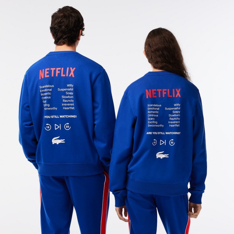 Men's Lacoste Lacoste x Netflix Crew Neck Print Back Sweatshirt Gentian blue | QLJ214857