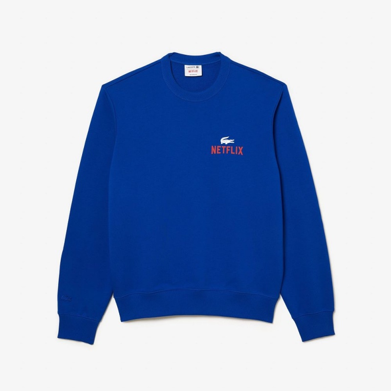 Men's Lacoste Lacoste x Netflix Crew Neck Print Back Sweatshirt Gentian blue | QLJ214857