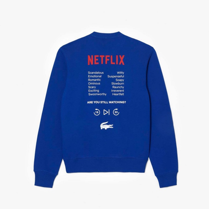 Men's Lacoste Lacoste x Netflix Crew Neck Print Back Sweatshirt Gentian blue | QLJ214857