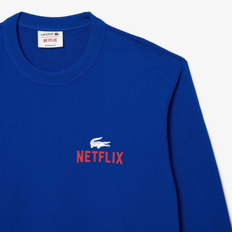 Men's Lacoste Lacoste x Netflix Crew Neck Print Back Sweatshirt Gentian blue | QLJ214857