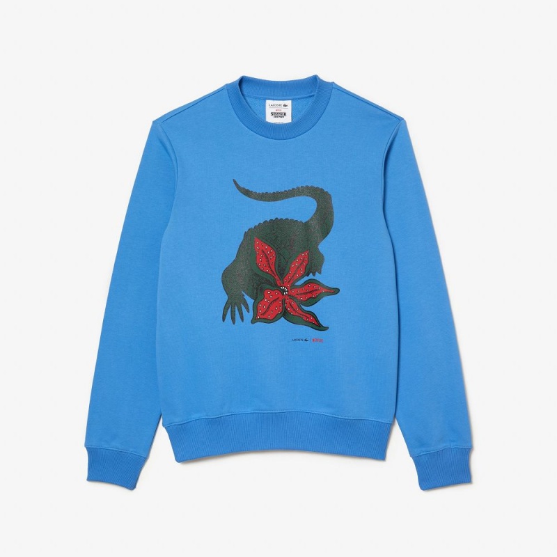 Men's Lacoste Lacoste x Netflix Organic Cotton Fleece Print Sweatshirt Ethereal blue | LBT273591