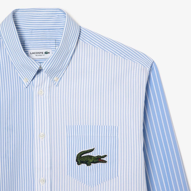 Men's Lacoste Large Croc Striped Cotton Shirt White Blue | IAZ521980