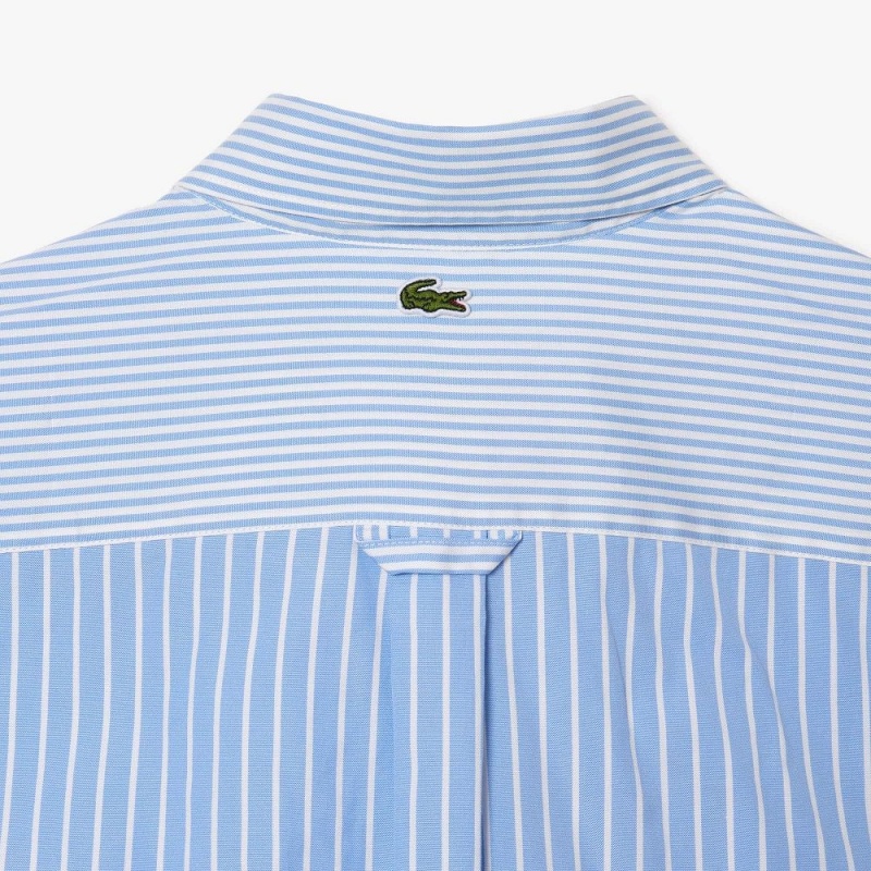 Men's Lacoste Large Croc Striped Cotton Shirt White Blue | IAZ521980