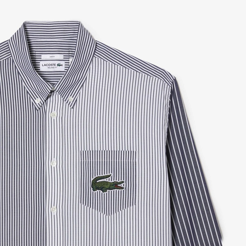 Men's Lacoste Large Croc Striped Cotton Shirt White Navy Blue | JSC071863