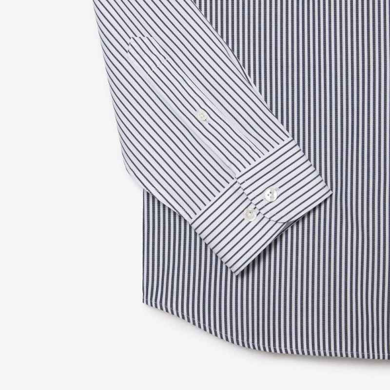 Men's Lacoste Large Croc Striped Cotton Shirt White Navy Blue | JSC071863