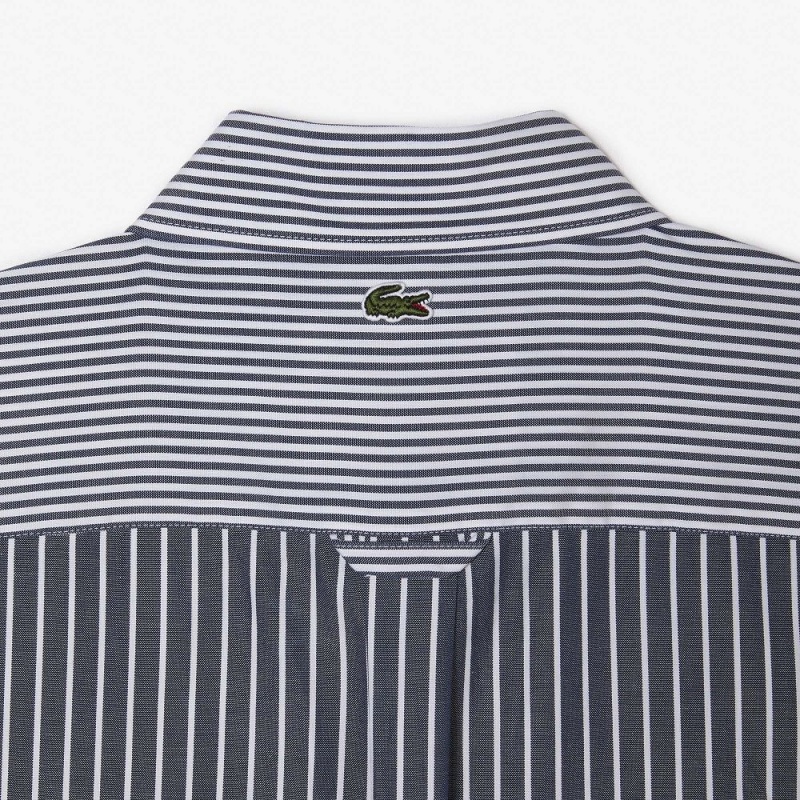 Men's Lacoste Large Croc Striped Cotton Shirt White Navy Blue | JSC071863