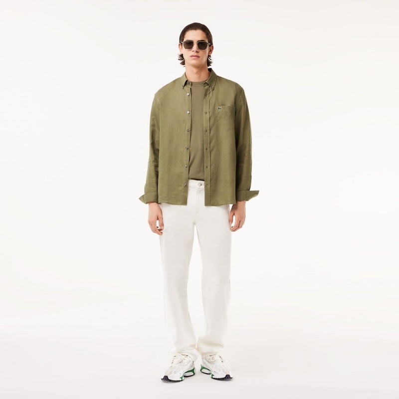 Men's Lacoste Linen Shirt Khaki Green | EHI593176