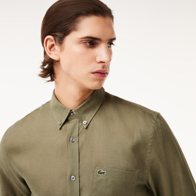 Men's Lacoste Linen Shirt Khaki Green | EHI593176