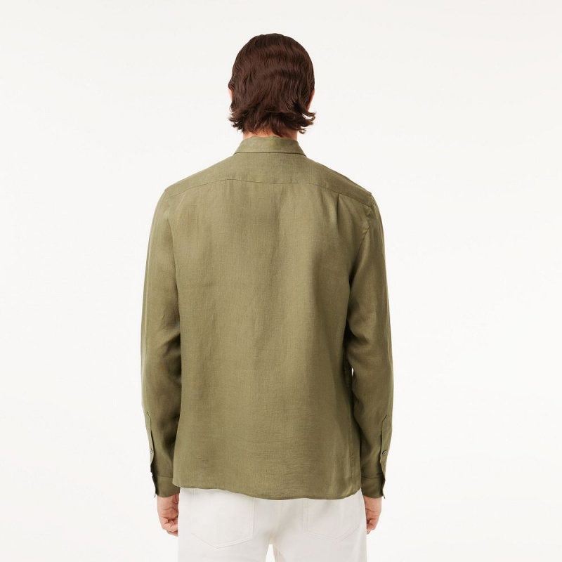 Men's Lacoste Linen Shirt Khaki Green | EHI593176