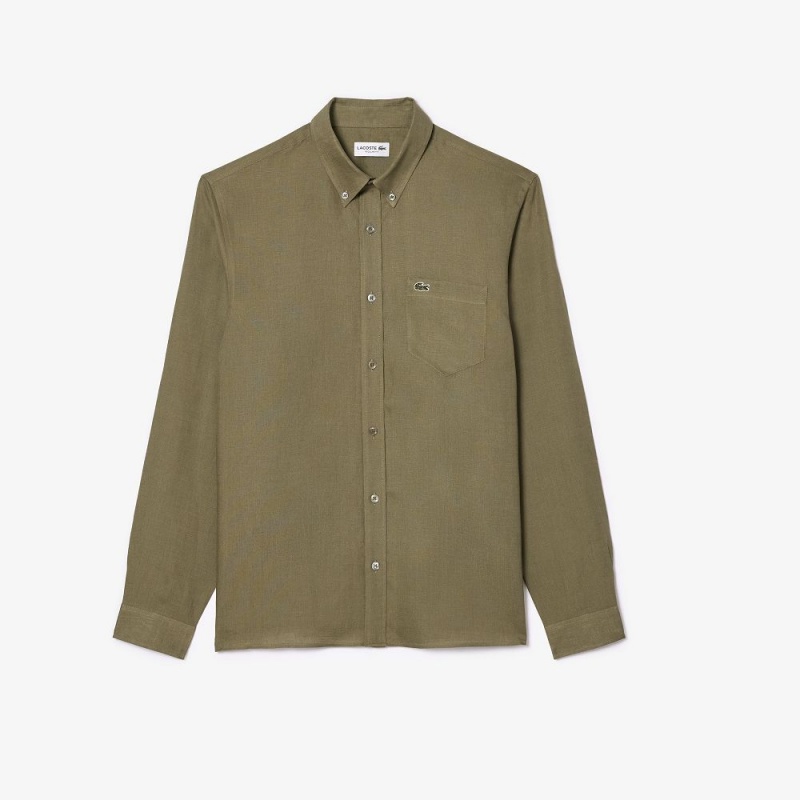 Men's Lacoste Linen Shirt Khaki Green | EHI593176