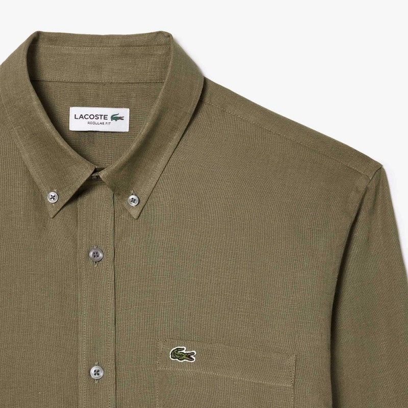 Men's Lacoste Linen Shirt Khaki Green | EHI593176