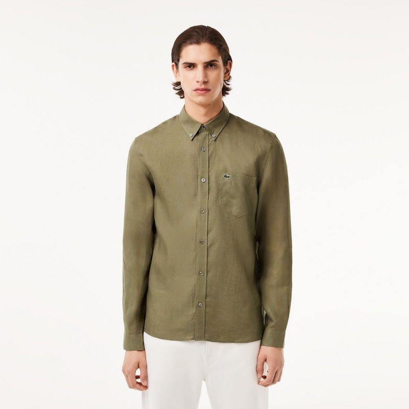 Men\'s Lacoste Linen Shirt Khaki Green | EHI593176