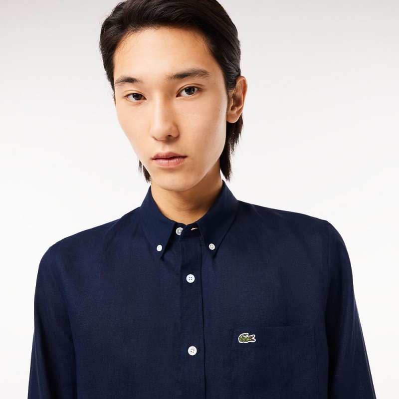 Men's Lacoste Linen Shirt Navy Blue | MFG547960