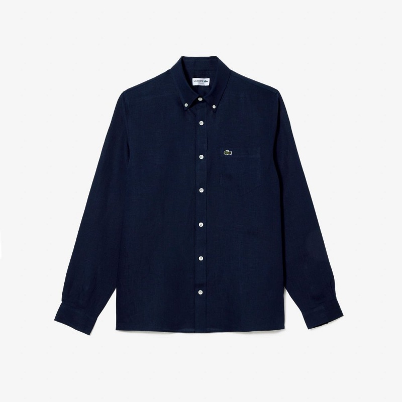 Men's Lacoste Linen Shirt Navy Blue | MFG547960