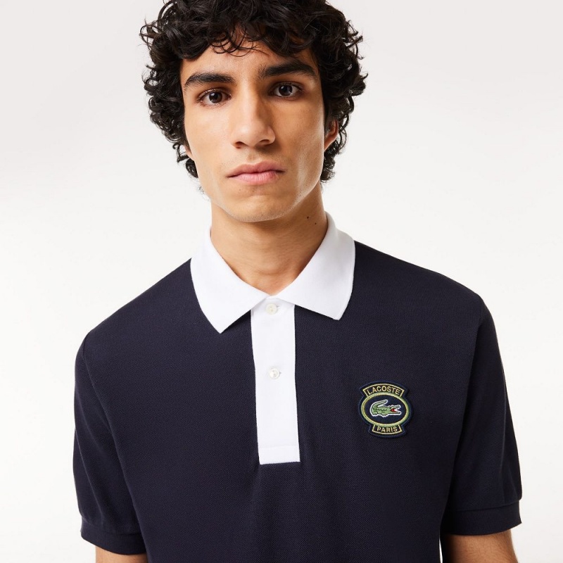 Men's Lacoste Logo Badge Contrast Collar Polo Shirts Navy Blue White | TGM738106