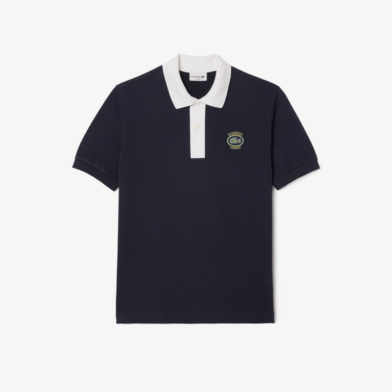 Men's Lacoste Logo Badge Contrast Collar Polo Shirts Navy Blue White | TGM738106