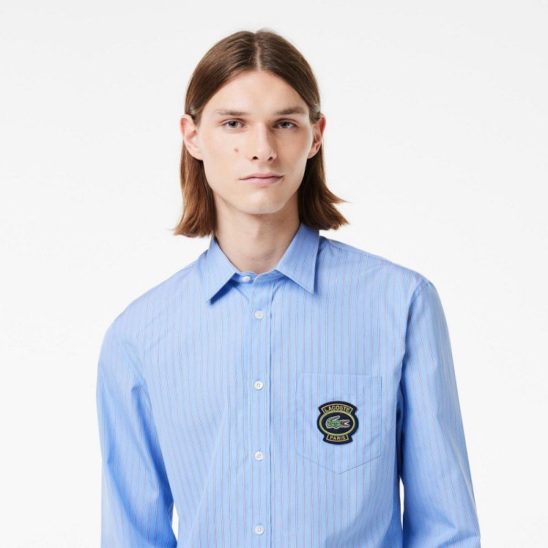 Men's Lacoste Logo Badge Striped Shirt Blue White | RZW653072