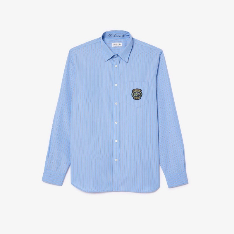 Men's Lacoste Logo Badge Striped Shirt Blue White | RZW653072