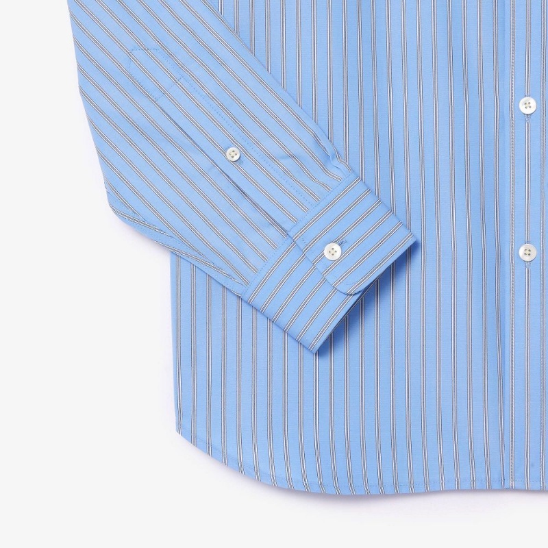 Men's Lacoste Logo Badge Striped Shirt Blue White | RZW653072