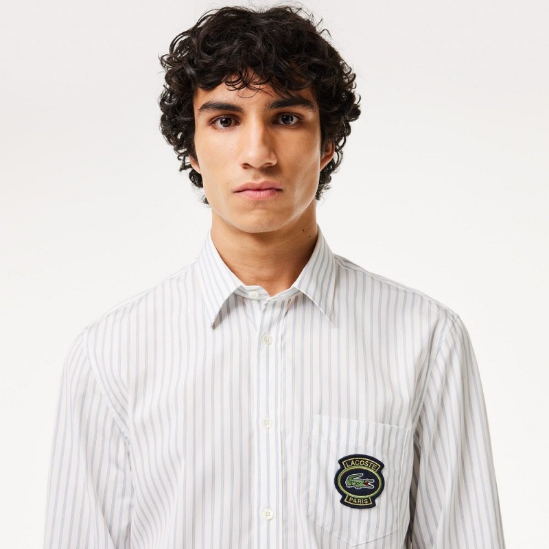 Men's Lacoste Logo Badge Striped Shirt White Beige | BRV846025