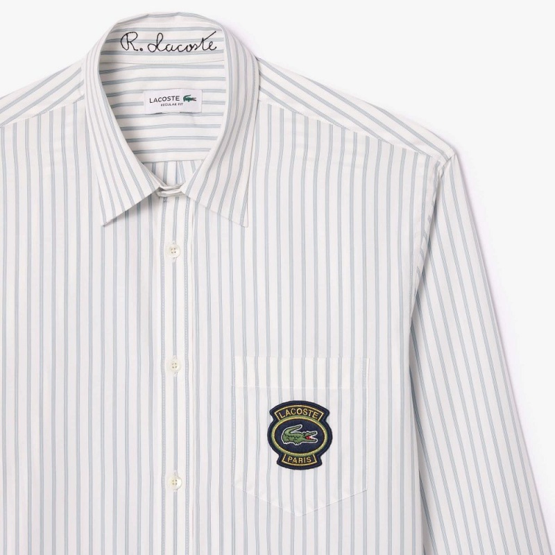 Men's Lacoste Logo Badge Striped Shirt White Beige | BRV846025